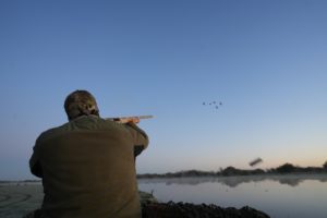 Hunter in a duck blind with robo ducks on the water in Argentina